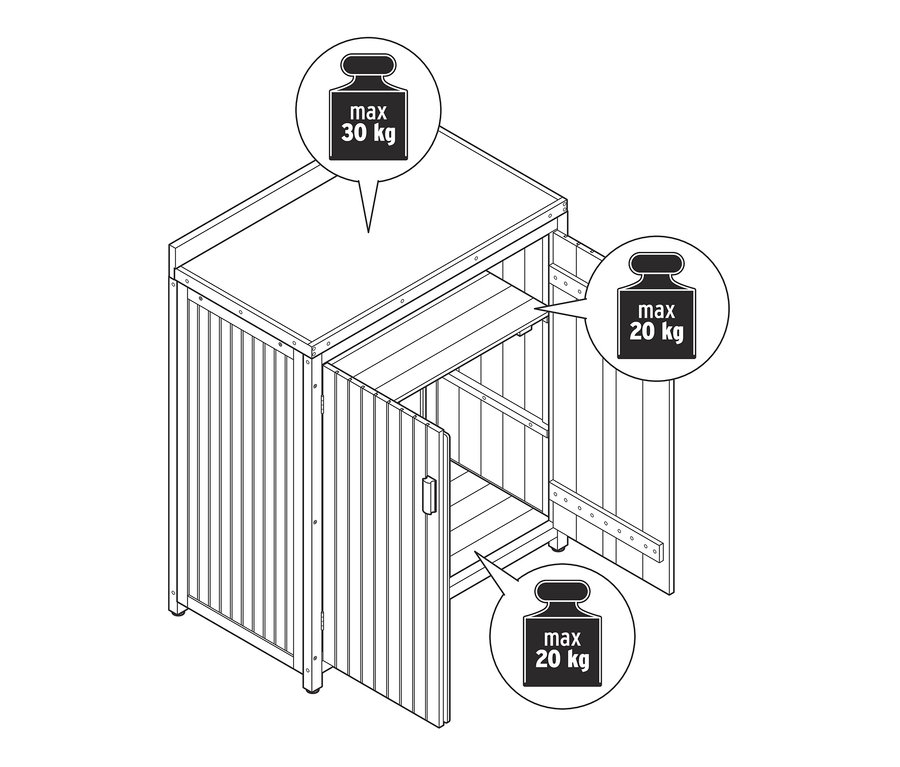 Petit abri de jardin «Tinus» ouvert avec une capacité de charge maximale de 30 kg sur le dessus et 20 kg sur l'étagère et le fond.