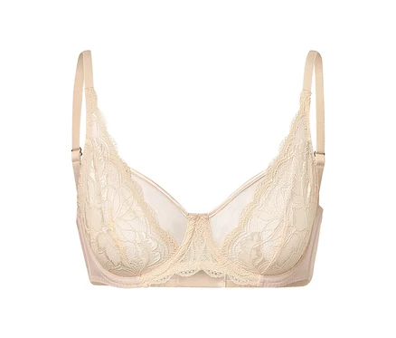 Soutien-gorge à armatures beige avec de la dentelle.