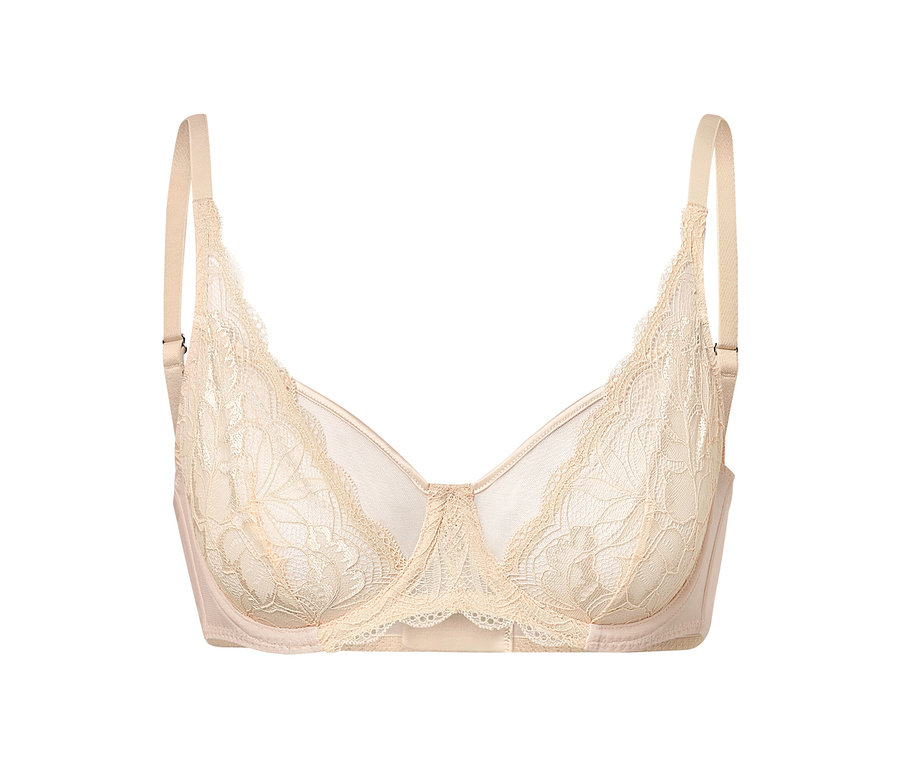 Soutien-gorge à armatures beige avec de la dentelle.