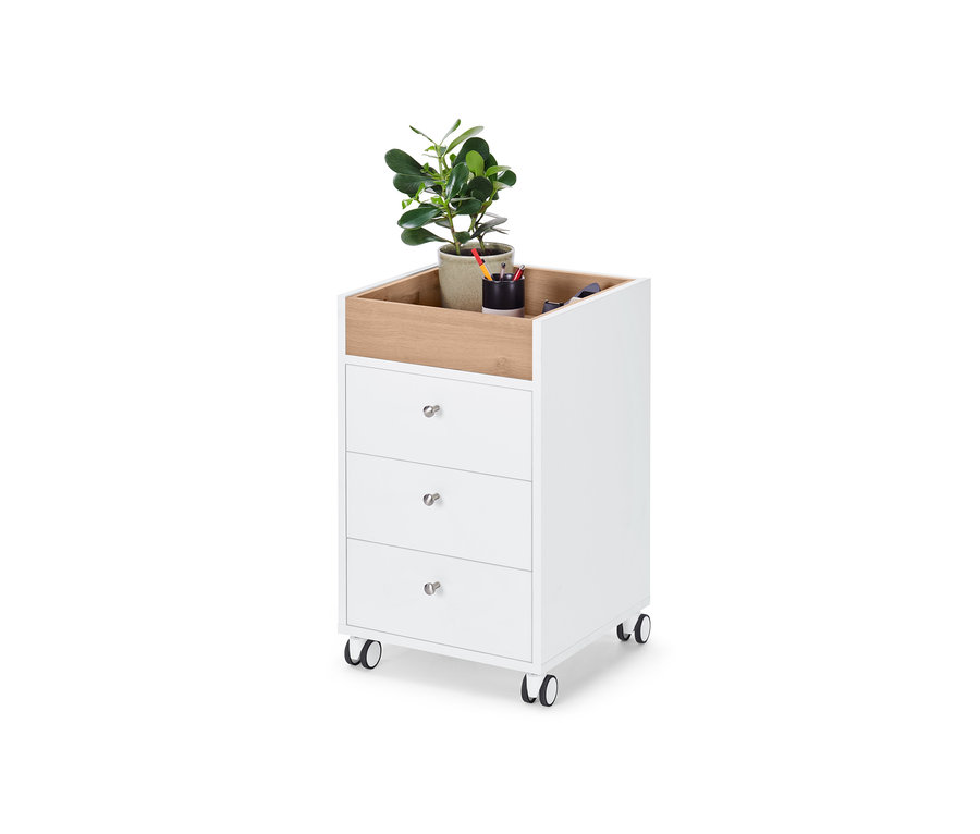 Caisson à roulettes blanc avec tiroirs. Une plante en pot et un pot à crayons sont posés sur le dessus.
