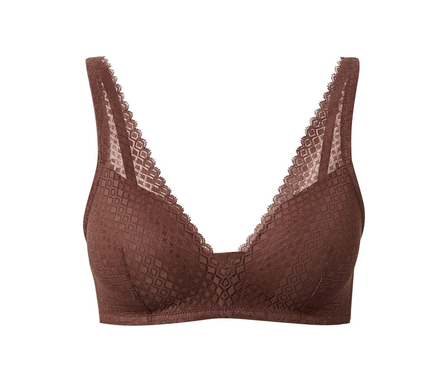 Soutien-gorge à coques souples marron sur fond blanc.