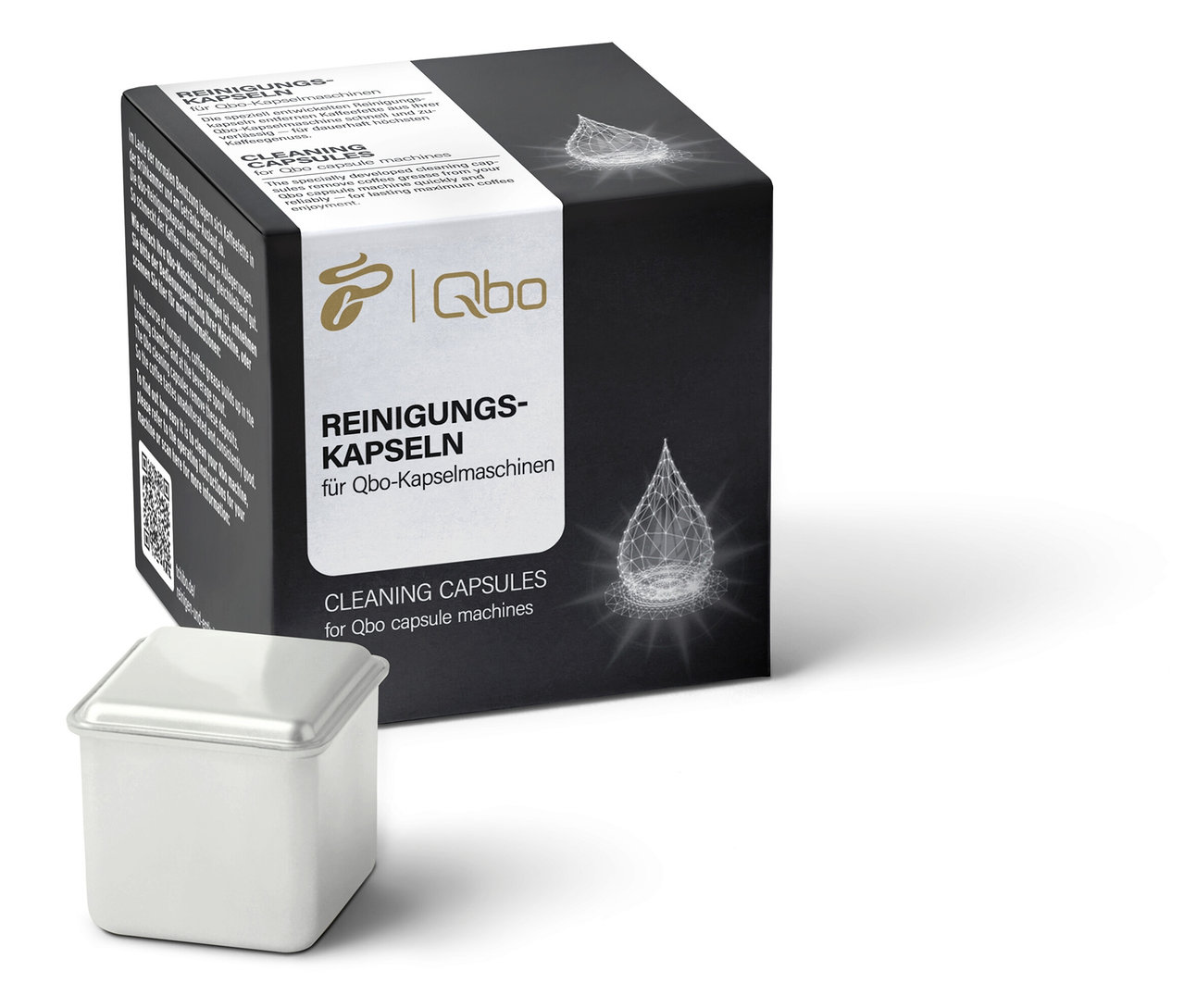 Un paquet carré de capsules de nettoyage Qbo avec une seule capsule de nettoyage en bas à gauche.