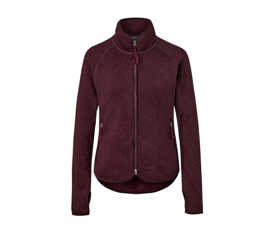 Veste en maille polaire bordeaux avec fermeture éclair au centre.