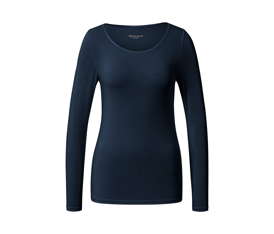 T-shirt bleu à manches longues en mélange de modal et soie.