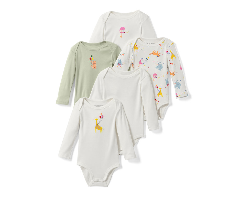Cinq bodies pour bébé à manches longues sont superposés. Les bodies sont blancs, vert olive et imprimés d'animaux.