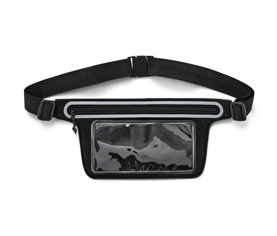 Ceinture de course noire pour smartphone avec une poche transparente.