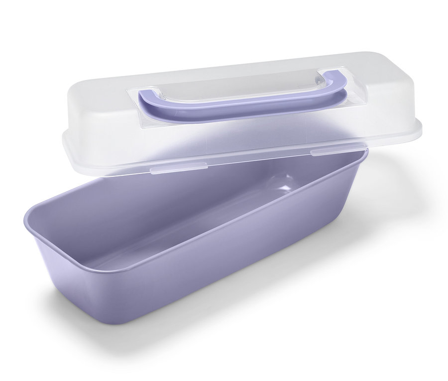 Un moule rectangulaire violet avec un couvercle transparent.