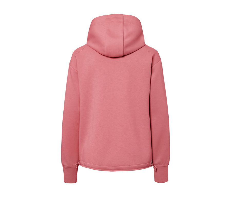 Vue arrière d'une veste à capuche en sweat rose.