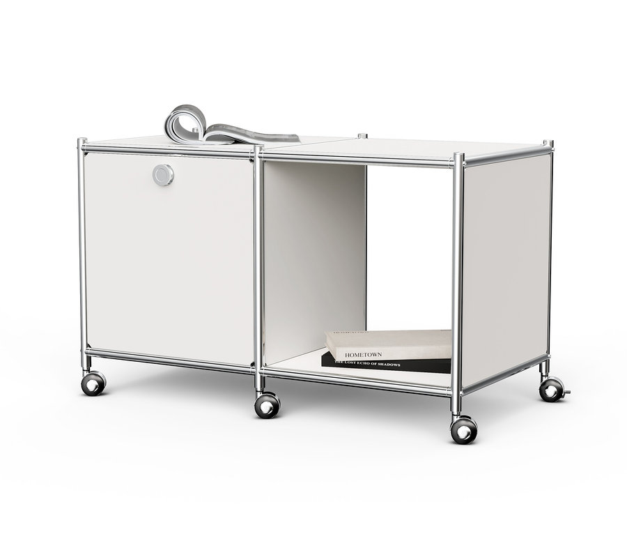 Table d’appoint métallique blanche « CN3 » avec abattant et roulettes.