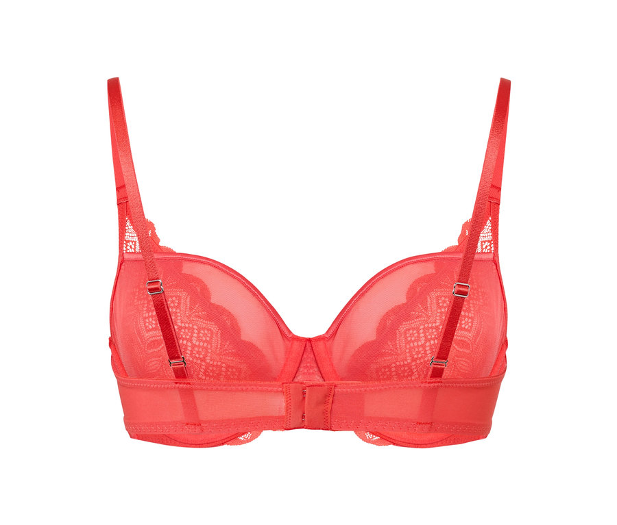 Soutien-gorge rouge à armatures avec de la dentelle.