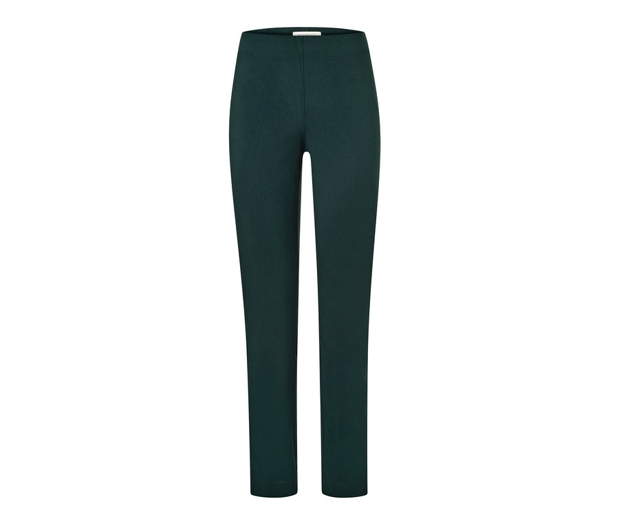 Pantalon stretch vert foncé sur fond blanc.