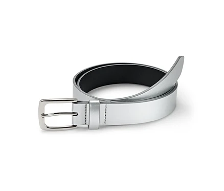 Une ceinture argentée avec une boucle en métal est enroulée sur un fond blanc.