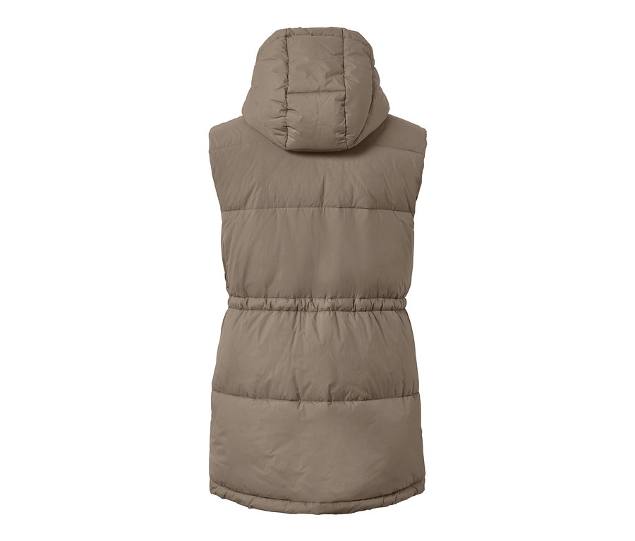 Vue arrière d'un gilet sans manches matelassé à capuche.