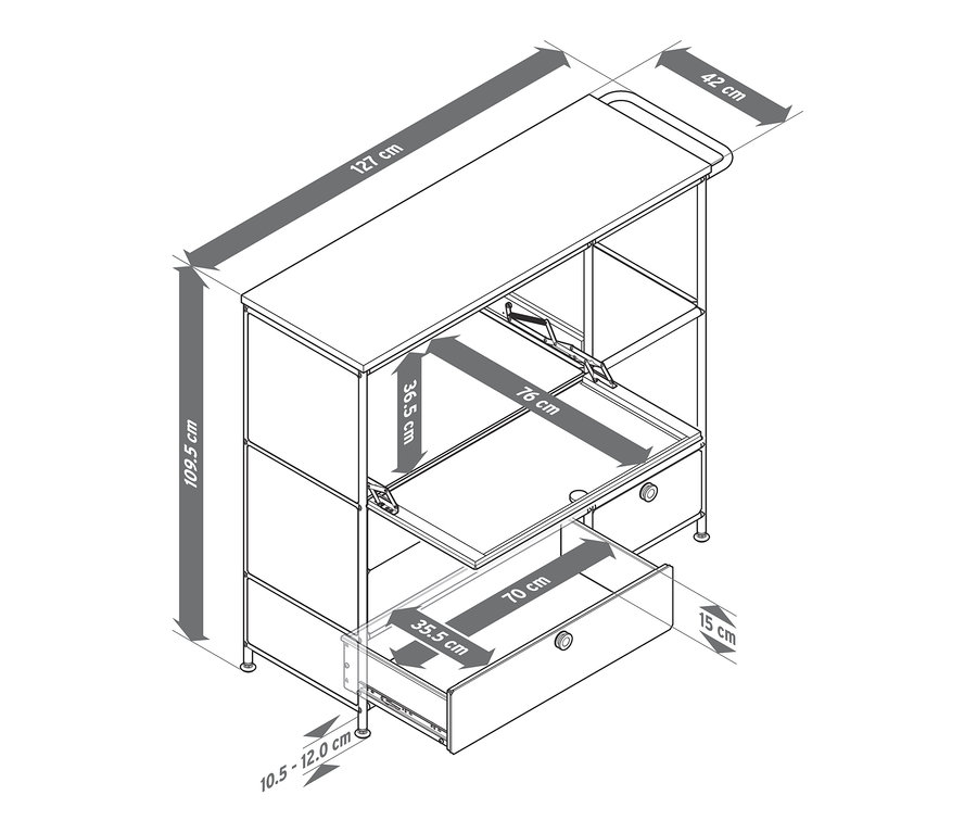 Schéma du meuble en métal blanc « CN3 » avec plateau en bois, un abattant, quatre tiroirs et indications de dimension.