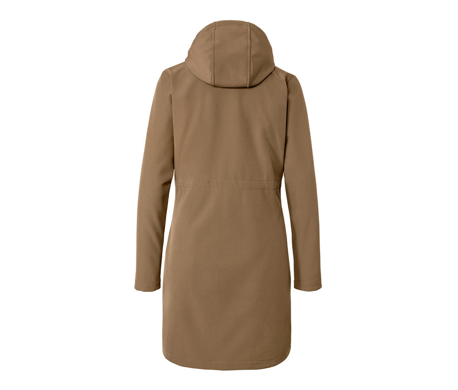 Vue arrière d'un manteau en softshell couleur nougat avec capuche.