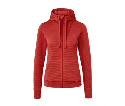Un veste à capuche rouge avec une fermeture éclair au milieu.