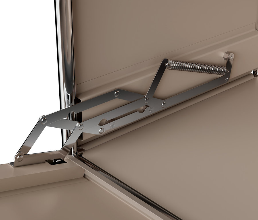 Gros plan d'un buffet en métal taupe « CN3 » avec abattant et mécanisme en métal.