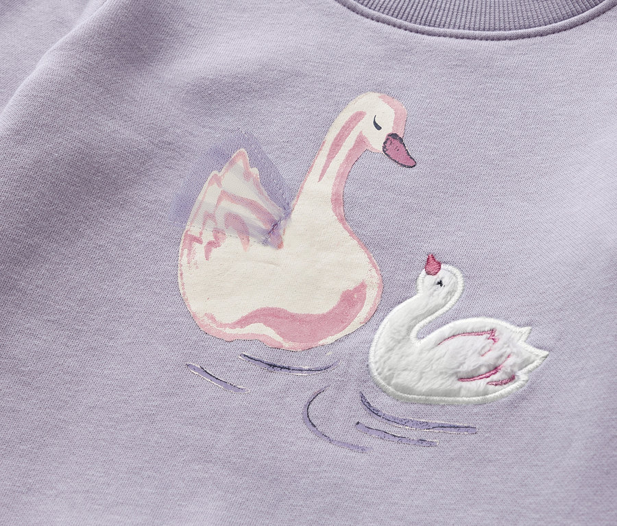 Sweat-shirt lilas pour enfant avec intérieur gratté et motif cygne.