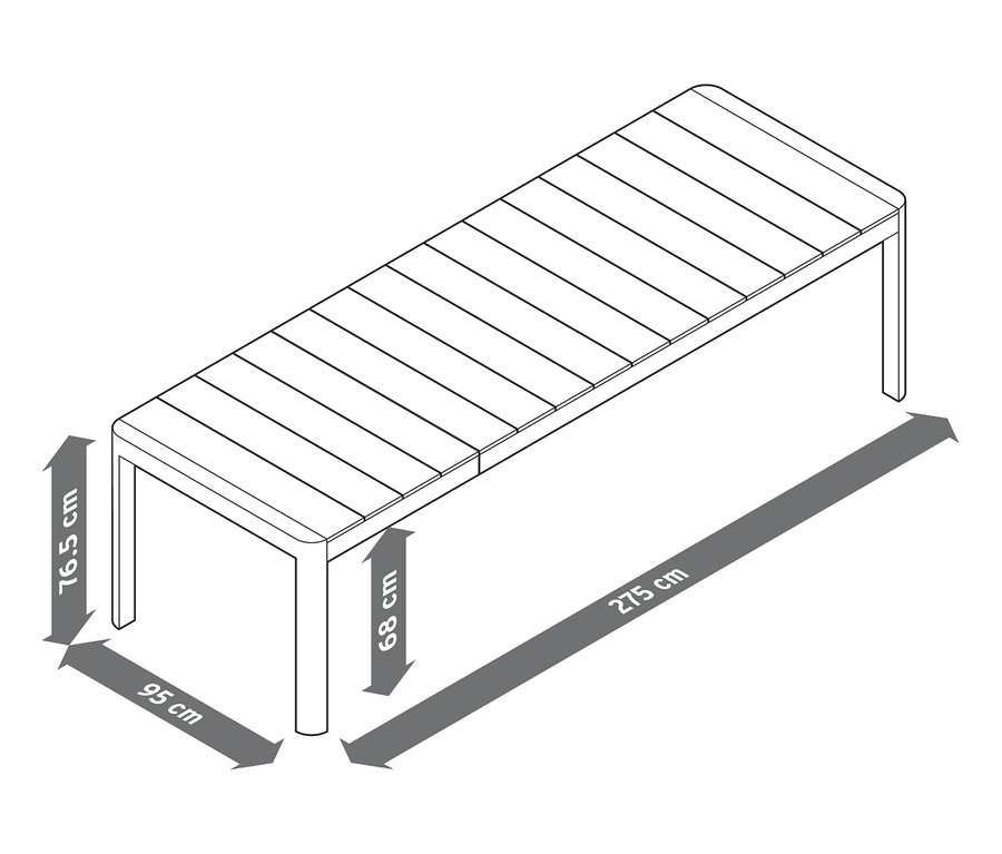 Illustration d'une table à rallonge avec plateau en polywood et dimensions.