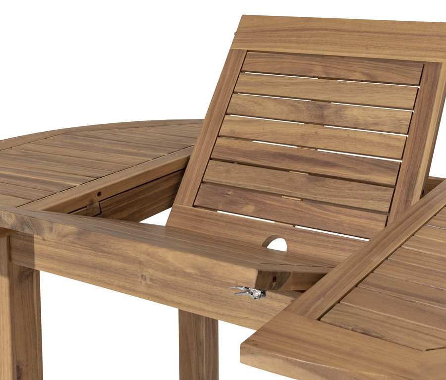 Vue détaillée d'une table ronde extensible.