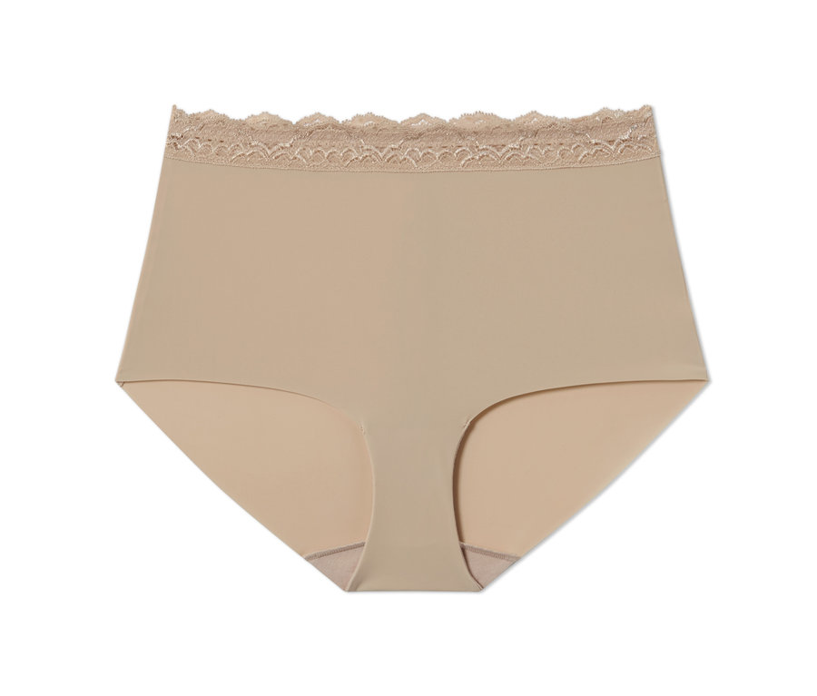 Culotte taille haute beige avec de la dentelle.