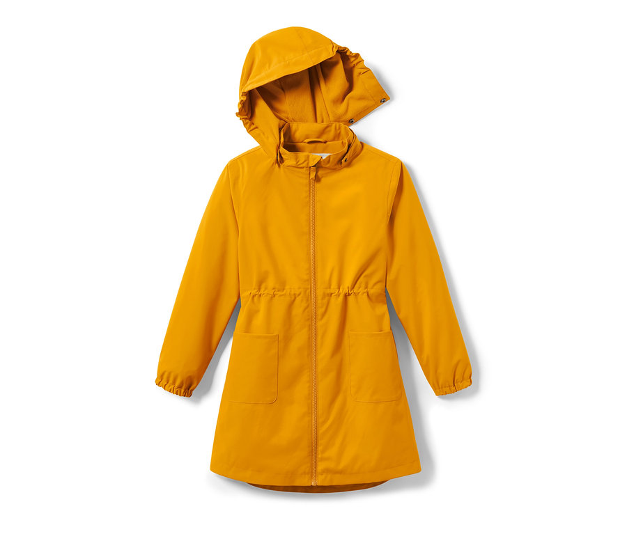 Parka imperméable jaune pour enfant avec capuche et poches.