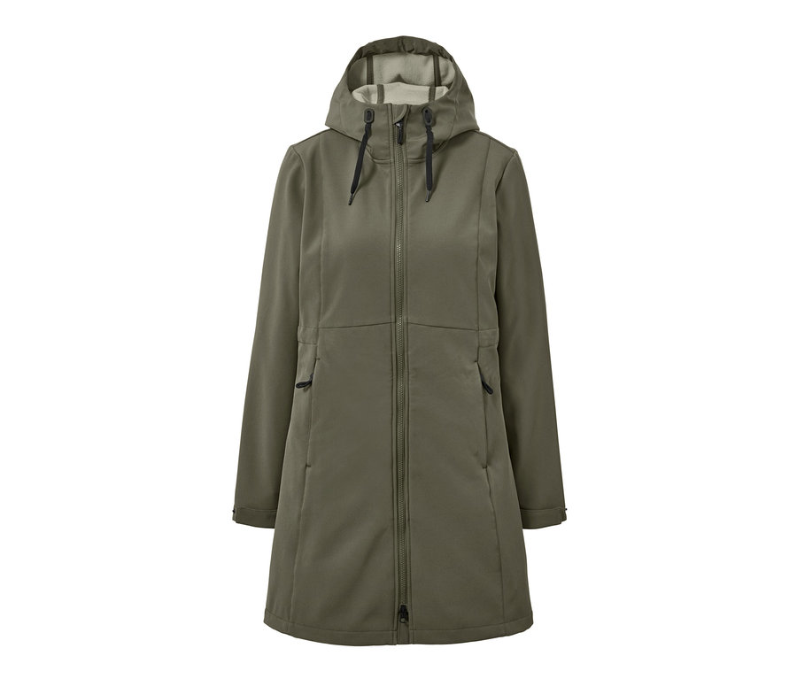 Manteau softshell kaki zippé avec capuche.