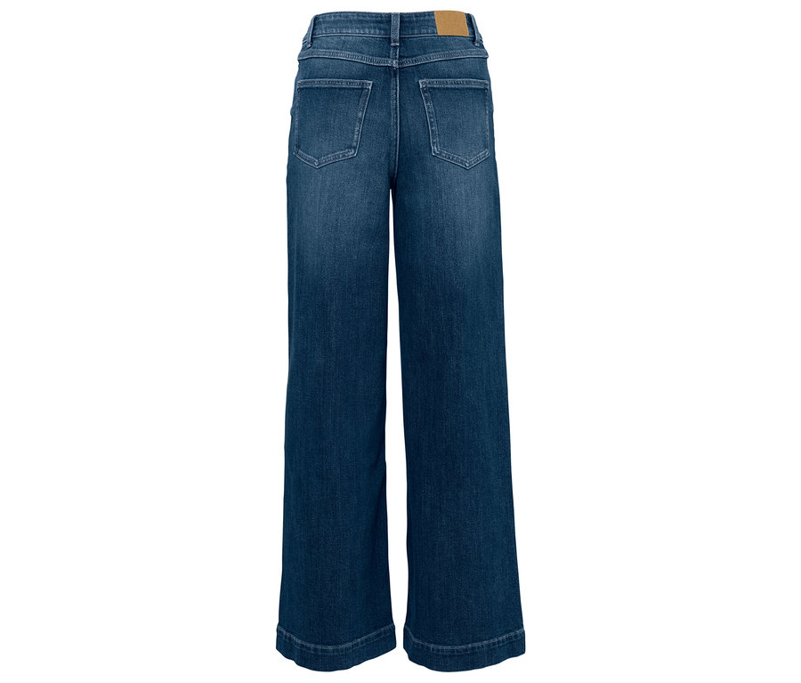 Vue arrière d'un jean large taille haute avec un patch logo.
