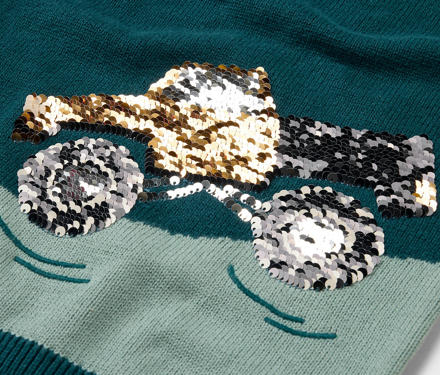 Gros plan sur un pull en maille pour enfant orné d'un motif de camion scintillant.