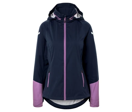 Veste bleu marine avec fermeture éclair violette et extrémités des manches violettes.