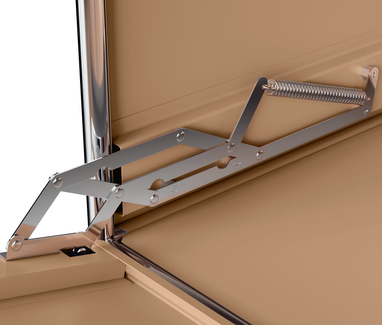 Détail d'une armoire marron avec un mécanisme d'ouverture en acier.