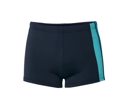 Slip de bain bleu marine avec une bande turquoise sur le côté.