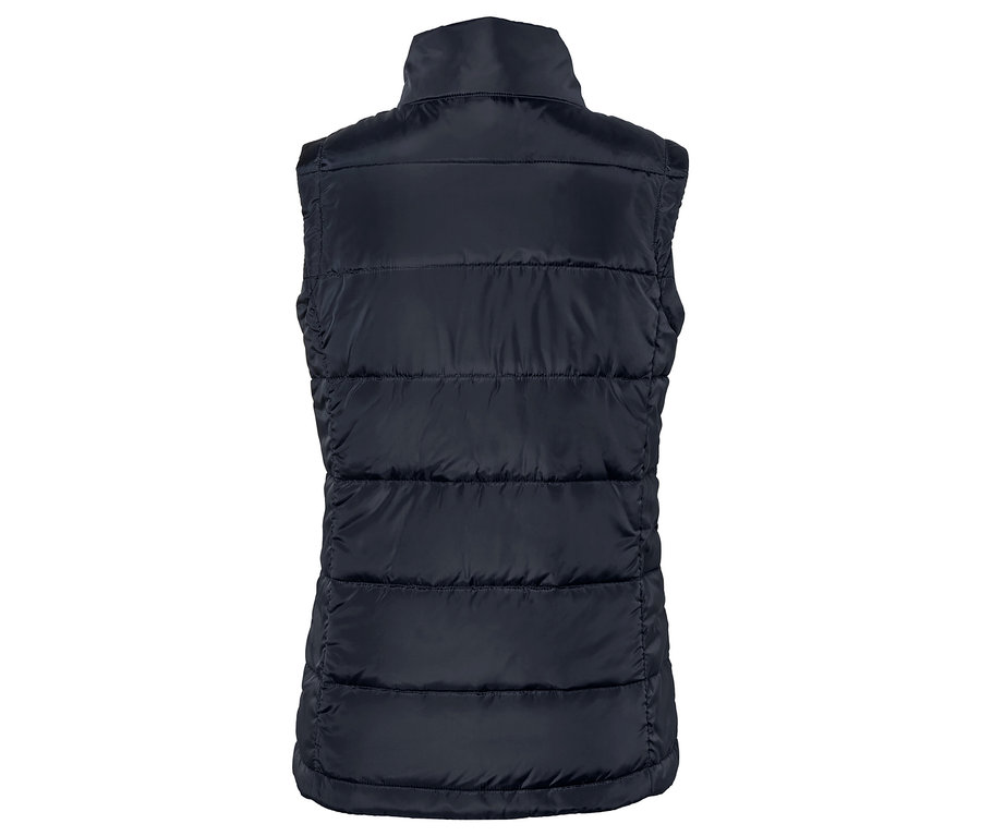 Vue arrière d'un gilet matelassé bleu foncé.