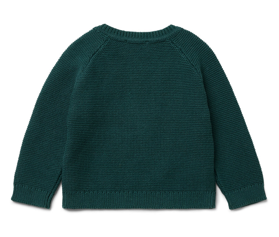 Un pull en tricot vert foncé à manches longues est posé sur un fond blanc.