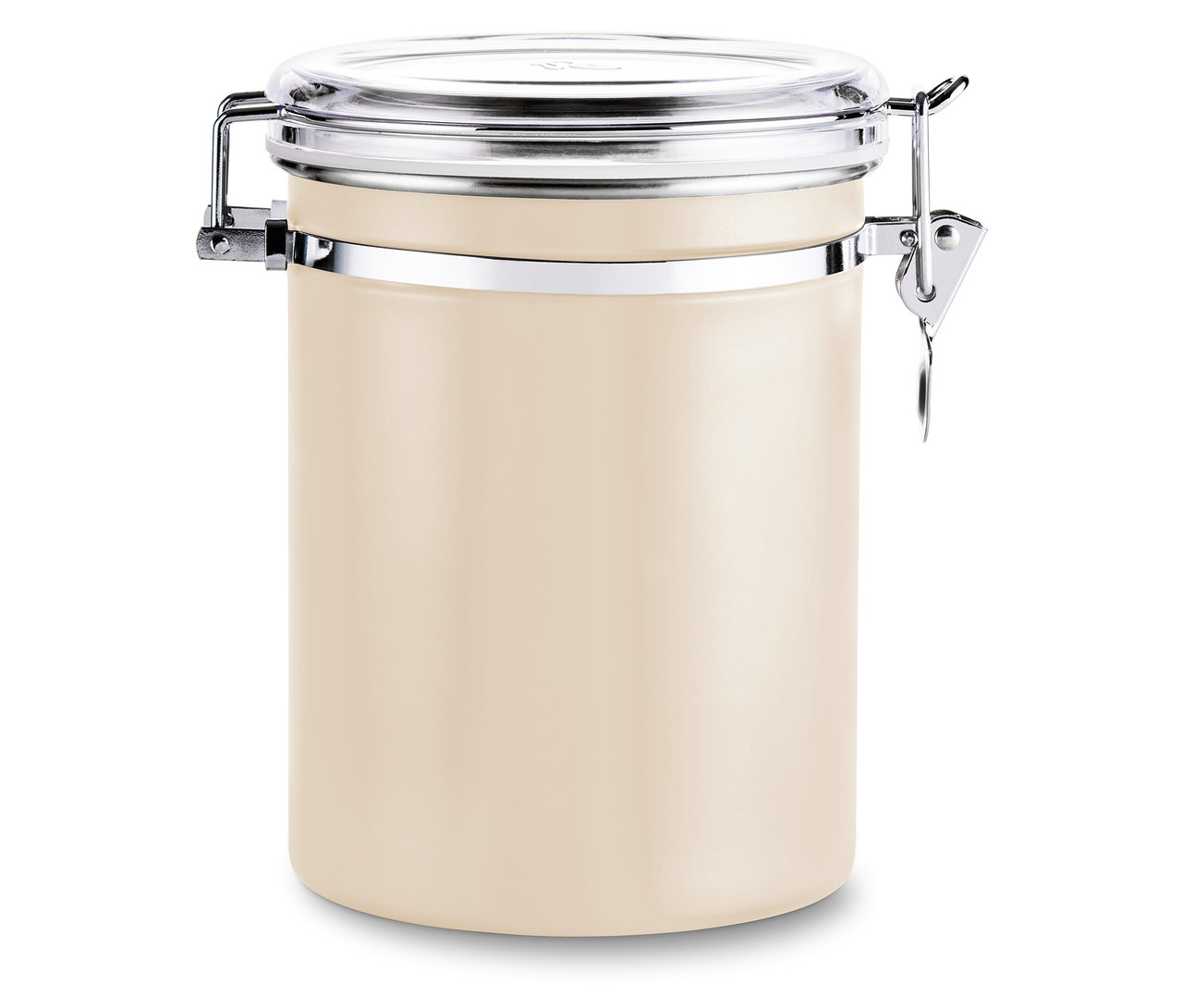 Boîte à arômes beige tendre avec couvercle argenté et fermoir.