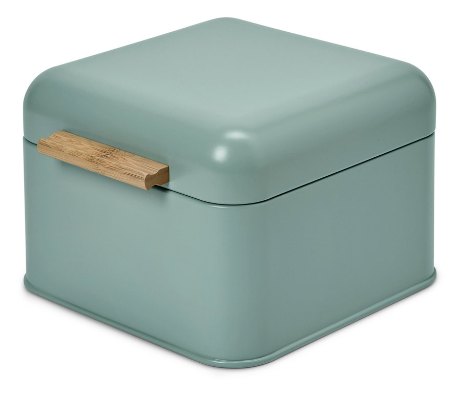 Boîte verte avec poignée en bois.