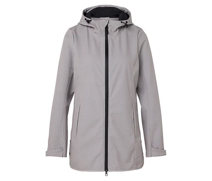 Veste softshell grise avec capuche et fermeture éclair noire.