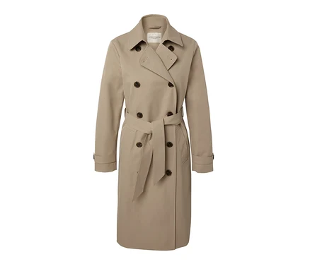 Trench-coat sable avec ceinture et boutons marron.