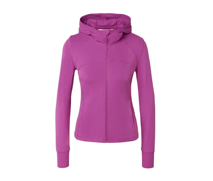 Une veste de sport violette avec fermeture éclair et capuche.