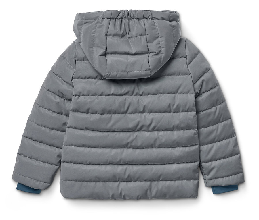 Détail d'une veste matelassée grise avec capuche, vue arrière.