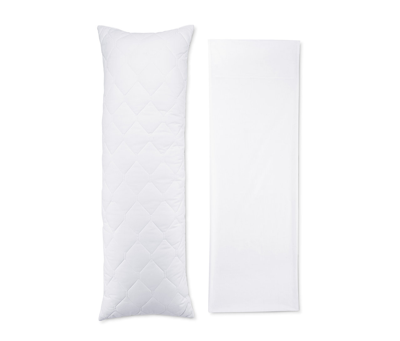 Un coussin pour dormir sur le côté et une taie d'oreiller blanche sont placés l'un à côté de l'autre sur un fond blanc.