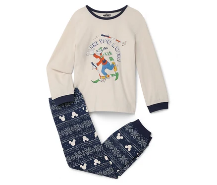 Un pyjama avec un imprimé de Dingo sur le haut et un pantalon avec un motif de Mickey Mouse.
