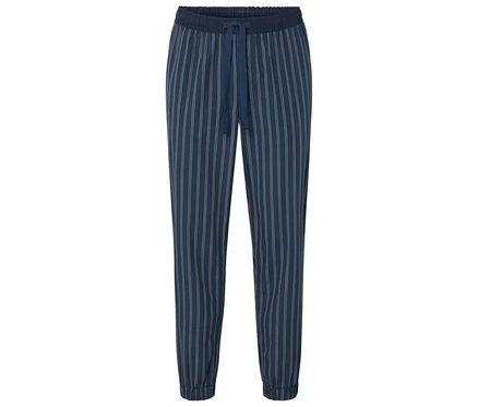 Pantalon bleu rayé avec cordon de serrage.