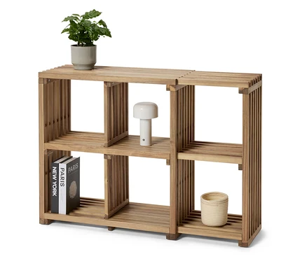 Étagère en bois avec plante, lampe et livres.