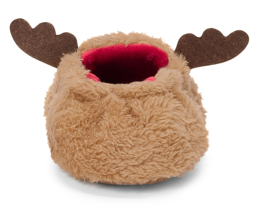 Une pantoufle marron en peluche avec des bois d'élan et un intérieur rouge.
