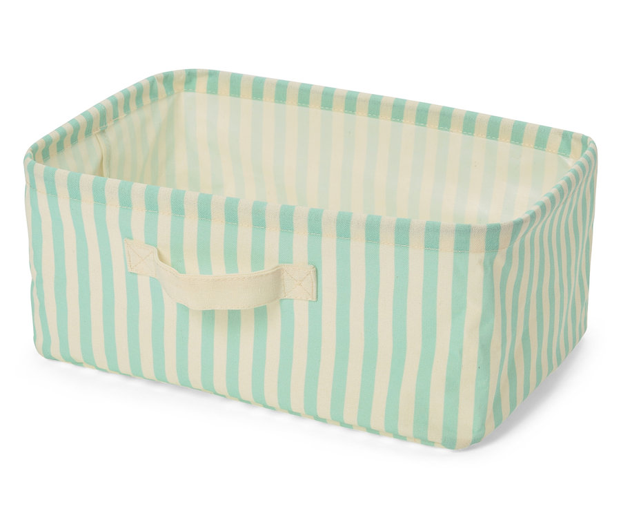 Panier de rangement rectangulaire à rayures bleues et blanches avec poignée en tissu.