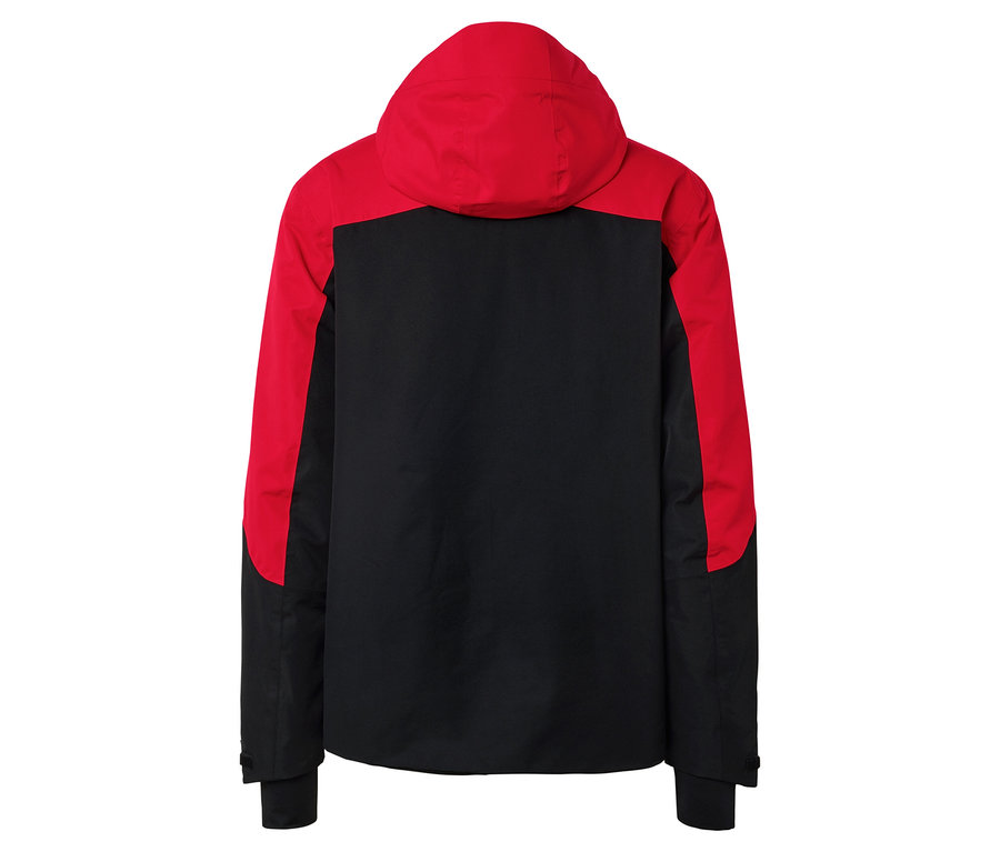 Vue arrière d'une veste noire avec une capuche et des manches rouges.