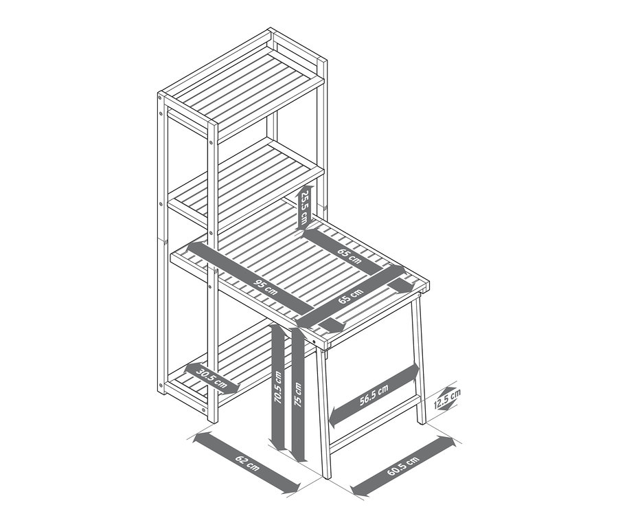 Dimensions de l'ensemble repas pour balcon «Lenja» avec étagère.