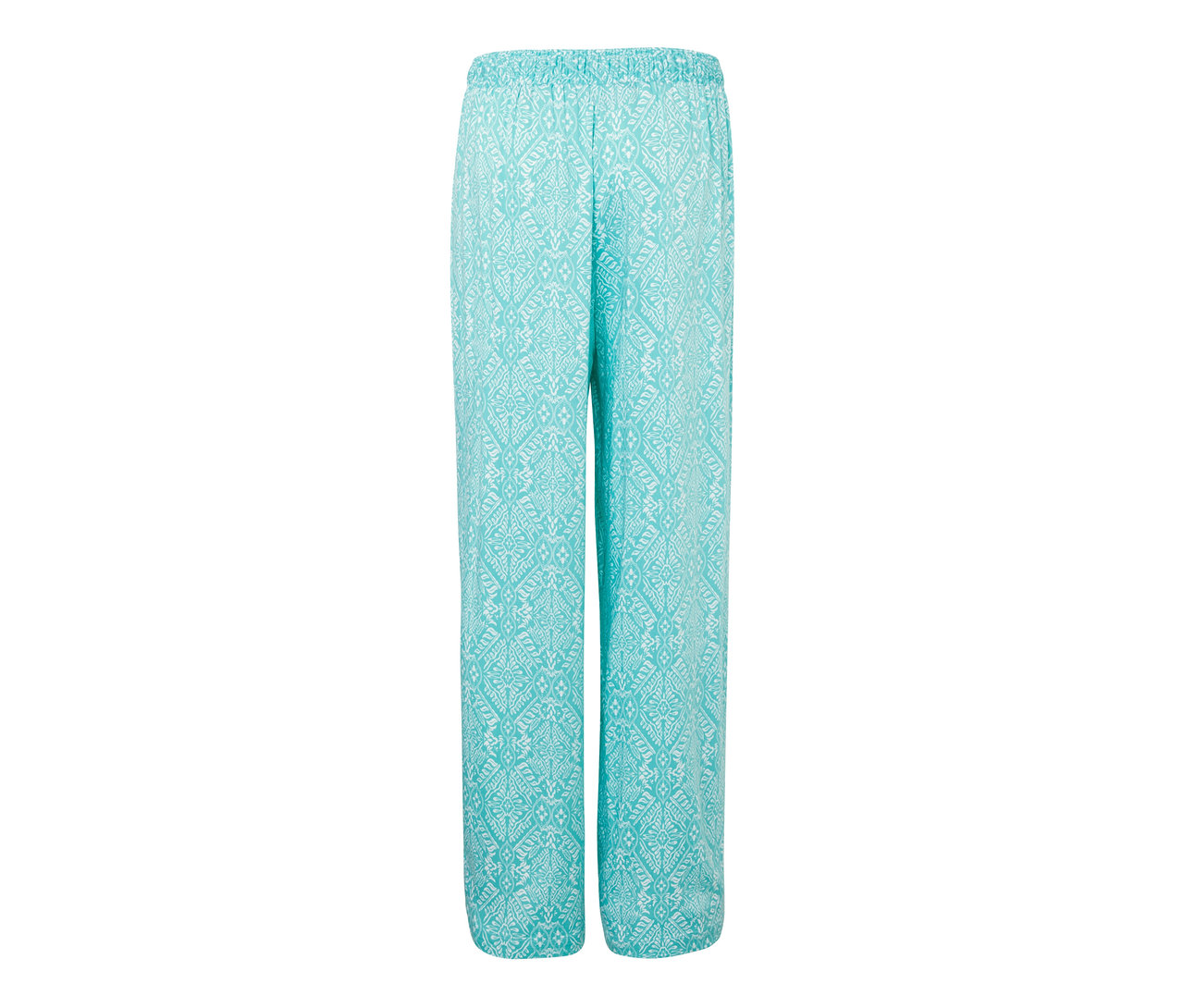 Pantalon relax bleu clair avec motif blanc.