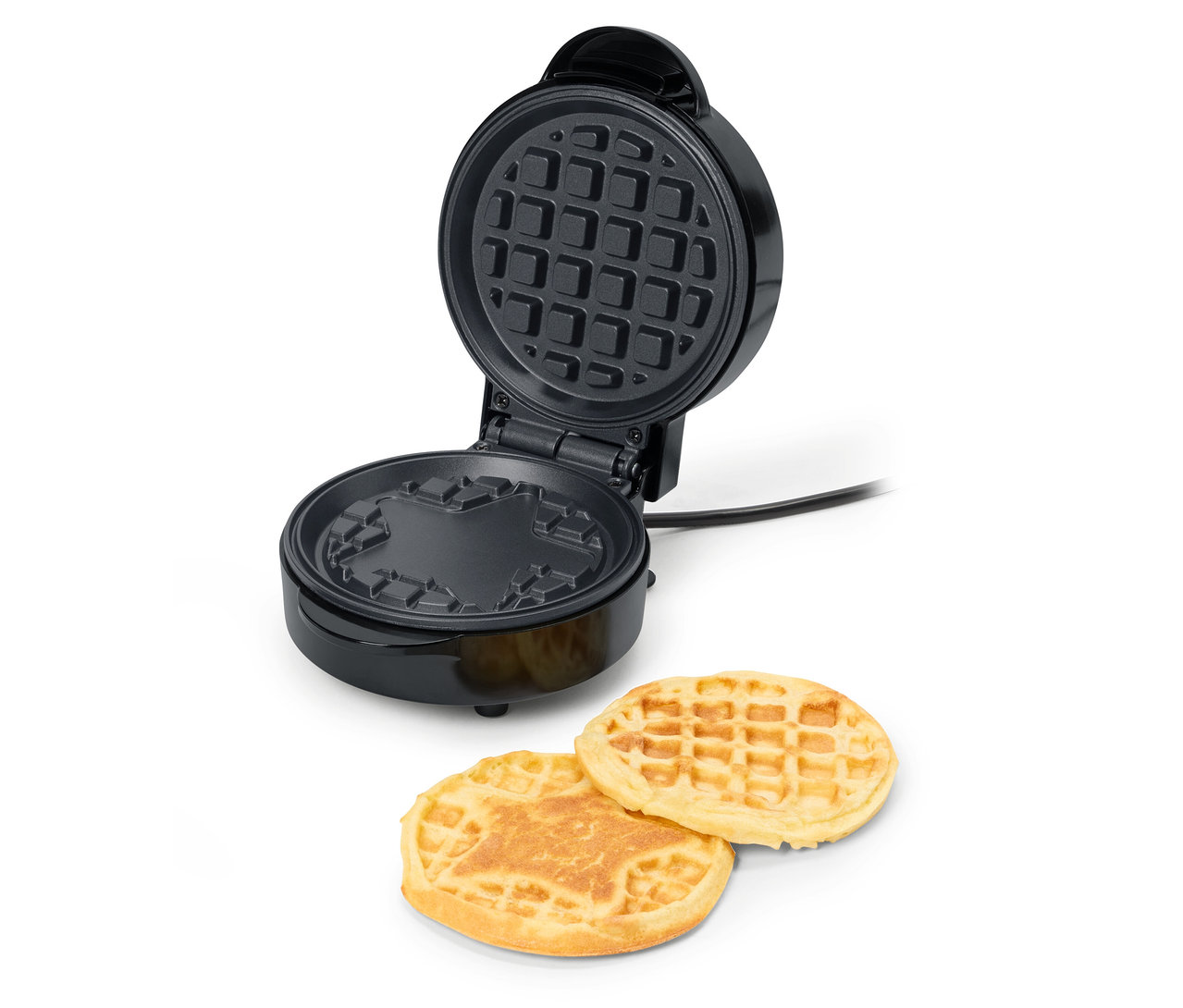 Gaufrier miniature ouvert avec deux gaufres cuites devant.